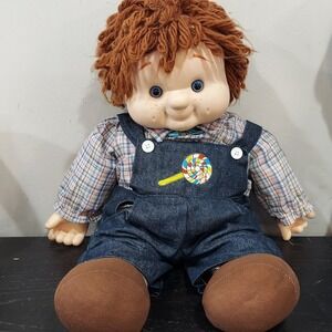 Vintage 1980s Large 21 Inch Boy Doll Yarn Hair Lollipop Denim Overalls Blue Eyes